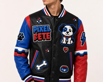 Pixel Pete Blocky Varsity Leather Jacket, Embroidered Pixel Puppy Coat, Arcade Roadsters Black Electric Blue Red White