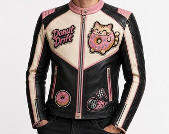 Donut Drift Racing Leather Jacket, Embroidered Donut Cat Moto Coat, Breakfast Bandits Pink Black Cream Chrome Jacket