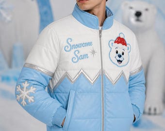 Snowcone Sam Padded Leather Jacket, Embroidered Snowcone Bear Coat, Weather Weirdos Ice Blue White Red Silver Winter Jacket