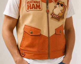 Heatwave Ham Orange Tan Leather Moto Vest Jacket, Embroidered Sunbather Hamster Coat, Weather Weirdos Cream Red