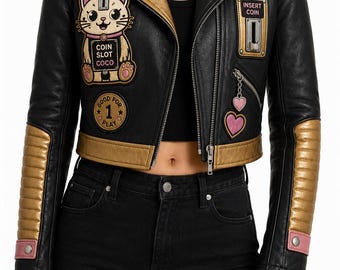 Coin Slot Coco Black Gold Cropped Leather Biker Jacket, Embroidered Coin-Op Cat Coat, Arcade Roadsters Pink Cream