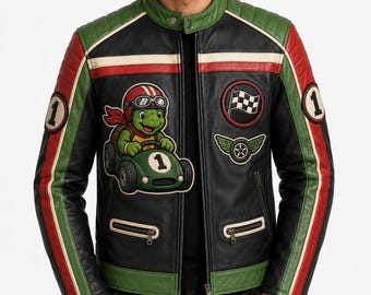 Turbo Turtle Racing Leather Jacket, Embroidered Turtle Racer Coat, Arcade Roadsters Green Black Red Cream