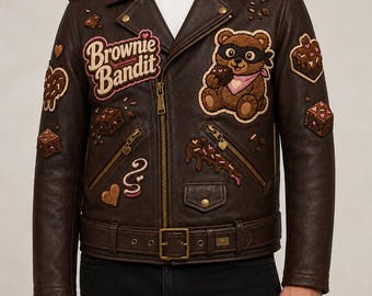 Midnight Snack Syndicate Brownie Bandit brownie bear dark chocolate biker brownie brown, cream, pink brass Avoid overlap with Blanket Bandit