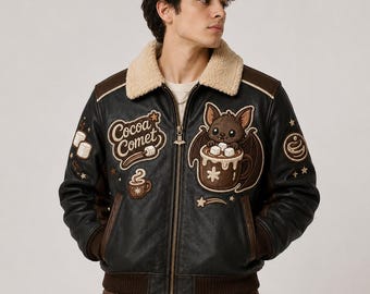 Cocoa Comet Black Cocoa Flight Leather Jacket, Embroidered Hot Cocoa Bat Coat, Midnight Snack Syndicate Cream Marshmallow