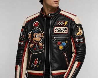 Joystick Joey Retro Racer Leather Jacket, Embroidered Joystick Monkey Coat, Arcade Roadsters Black Red Cream Chrome