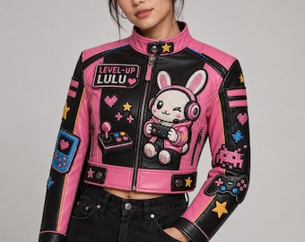 Level-Up Lulu Cropped Arcade Rider Leather Jacket, Embroidered Rabbit Gamer Coat, Arcade Roadsters Pink Black Yellow Blue