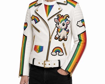 Rainbow Ruckus White Leather Rider Jacket, Embroidered Rainbow Goat Coat, Weather Weirdos Gold Black Multi Accent Moto