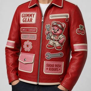 Könnte beinhalten: Eine rote Lederjacke mit verschiedenen gestickten Aufnähern, darunter ein rosa Bär mit einem Schraubenschlüssel, den Schriftzügen GUMMY GEAR, SWEET TORQUE, SHIFT CUTE und SUGAR RUSH RIDERS, einem Kirschmotiv, einem Zahnradsymbol und rosa Taschenklappen.