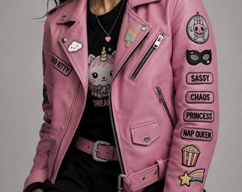 Pink Leather Biker Jacket, Fluffy but Fierce Embroidered Moto Jacket, Genuine or Faux Leather