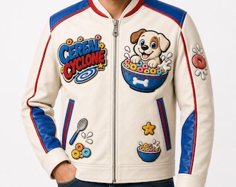Cereal Cyclone Varsity Leather Jacket, Embroidered Cereal Bowl Puppy Coat, Breakfast Bandits Milk White Blue Jacket