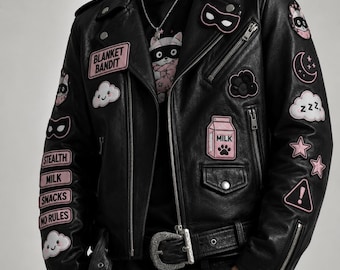 Black Leather Biker Jacket, Blanket Bandit Embroidered Moto Jacket, Genuine or Faux Leather