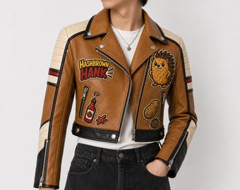 Hashbrown Hank Cropped Leather Rider Jacket, Embroidered Hedgehog Character Coat, Breakfast Bandits Golden Brown Moto