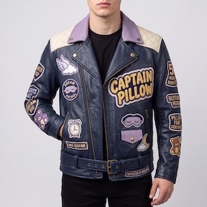 Navy Leather Biker Jacket, Captain Pillow Embroidered Moto Jacket, Genuine or Faux Leather