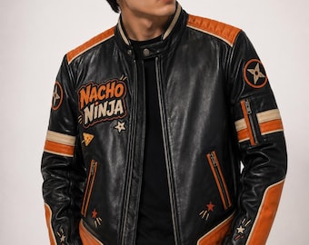 Nacho Ninja Black Orange Leather Jacket, Embroidered Nacho Chip Cat Biker Coat, Midnight Snack Syndicate Cream Red