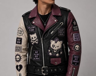 Leather Biker Jacket, Pillow Punk Embroidered Moto Jacket, Genuine or Faux Leather