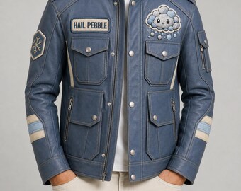 Hail Pebble Stone Blue Utility Leather Jacket, Embroidered Pebble Cloud Coat, Weather Weirdos Slate Cream Ice Blue Silver