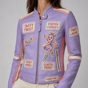 May include: A lavender leather jacket featuring a stand-up collar, a front zip, and various embroidered patches. The patches include text reading Taffy Twist, Stretch Goals, Twist Again, Sticky Moves, Elastic Energy, and Sugar Stage.