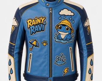 Rainy Ravi Blue Leather Rain Rider Jacket, Embroidered Rain Frog Moto Coat, Weather Weirdos Navy Cream Yellow