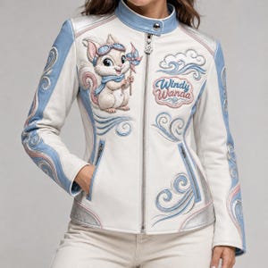 May include: A white and light blue jacket featuring an embroidered squirrel wearing goggles and holding a pinwheel. The text Windy Wanda is embroidered on the chest alongside cloud and swirl designs. The jacket has a stand collar and silver zipper.