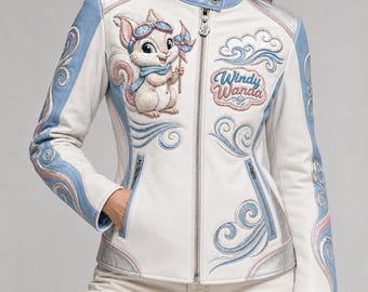 Windy Wanda Streamlined Leather Racer Jacket, Embroidered Wind Squirrel Coat, Weather Weirdos White Sky Blue Silver Blush