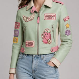 May include: A light green leather jacket with a cream collar and pink trim, featuring various embroidered patches including a pink jellybean character, a winged envelope, and text reading JELLYBEAN JUNE, SWEET SPEED, RUSH ROUTE, ON TIME, and SPECIAL DELIVERY.