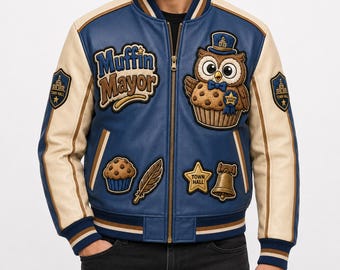 Muffin Mayor Town Hall Leather Bomber Jacket, Embroidered Owl Character Coat, Breakfast Bandits Blue Cream Brown Gold