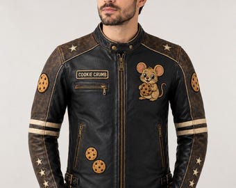 Cookie Crumb Brown Black Night Biker Leather Jacket, Embroidered Cookie Mouse Coat, Midnight Snack Syndicate Cream Pink