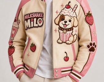 Milkshake Milo Cream Pink Varsity Leather Jacket, Embroidered Milkshake Dog Coat, Midnight Snack Syndicate Strawberry Chocolate