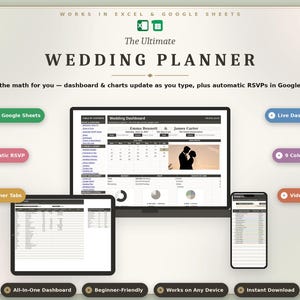 Wedding Planner Spreadsheet, Budget, Guest List, RSVP Tracker (Digital Download)