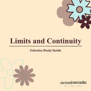 Puede incluir: Una portada de guía de estudio cuadrada con fondo crema claro y el texto en marrón oscuro Limits and Continuity y Calculus Study Guide. El diseño incluye ilustraciones de flores estilizadas en tonos azul claro y marrón.