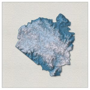 May include: A topographic map print featuring a detailed relief of a mountainous region rendered in shades of blue and white. The map displays intricate contour lines and elevation gradients, highlighting the rugged terrain and valleys.