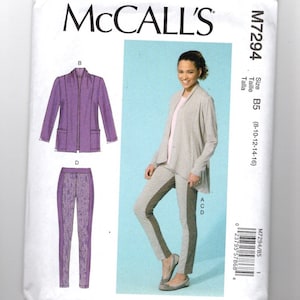 May include: Sewing pattern McCall's M7294 size B5 (8-10-12-14-16) for a cardigan and leggings. The pattern includes a purple cardigan with a zipper and a pair of leggings with a patterned design.