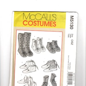 May include: A McCall's Costumes sewing pattern envelope, model M5130, size OSZ. The front features black and white line drawings of seven different styles of lace-up boots and moccasins labelled A through G, with yellow and tan branding.