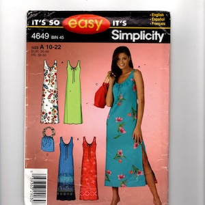 Könnte beinhalten: Simplicity Schnittmuster 4649 mit einer Frau in einem türkisfarbenen Kleid mit rosa Blumenakzenten. Das Muster enthält verschiedene Kleiderdesigns, mit den Größen A 10-22, EUR 36-48 und FR 38-50. Der Text "IT'S SO easy" ist sichtbar.