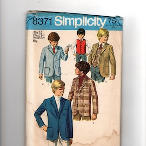 May include: Vintage Simplicity sewing pattern 8371 for boys' blazers and suits. The pattern cover features illustrations of boys in various jacket styles, including a blue blazer, a plaid jacket, and a striped suit. Size 16, chest 34 inches, waist 29 inches.