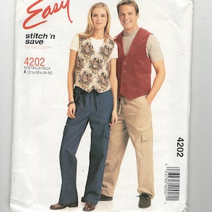 UNCUT Sewing Pattern McCalls Stitch n Save for Unisex Lined Vest and Drawstring Cargo Pants, Sz S-M-L-XL, Easy Pattern