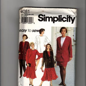 May include: Simplicity sewing pattern 8081, featuring illustrations of women's fashion designs. The pattern includes a variety of outfits, including a red suit, a red dress, and a black jacket with a red polka dot skirt. The text "easy to sew" is visible.