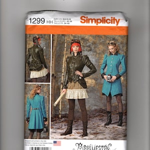 May include: Simplicity sewing pattern 1299 featuring clothing designs for a jacket, skirt, and coat. The package displays illustrations of outfits including a dark green jacket, a cream lace skirt, and a blue pinstriped coat with black cuffs.