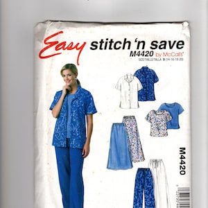 May include: A sewing pattern envelope for McCall's M4420 Easy stitch 'n save, size B (14-16-18-20). The cover displays illustrations of a short-sleeved collared shirt, a round-neck top, a long skirt, and trousers in various blue and floral patterns.