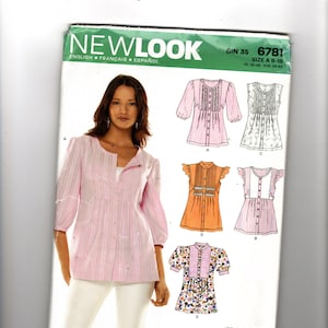 May include: New Look sewing pattern 6781, size A 8-18, featuring illustrations of five different blouse designs. The cover displays a light pink striped blouse with three-quarter sleeves, a round neckline, and a button-down front closure.
