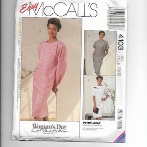 May include: A sewing pattern for a dress, with three different styles. The pattern is for sizes 10-12 and is part of the Woman's Day Collection. The pattern is called "Petite-Able" and is adjustable for misses petite.