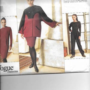 May include: A sewing pattern featuring three different outfits. The first outfit is a red and black dress with a skirt. The second outfit is a black jumpsuit. The third outfit is a red and black dress with a skirt. The pattern is by Geoffrey Beene, Vogue American Designer.