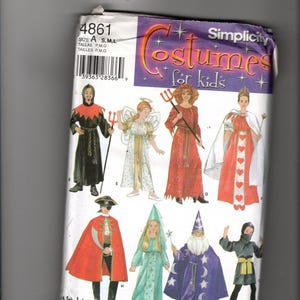 May include: A Simplicity sewing pattern envelope labeled 4861 for kids' costumes. The front displays illustrations of eight different outfits, including a devil, fairy, queen of hearts, pirate, wizard, and ninja, with text reading Costumes for kids.