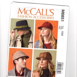 May include: McCall's Fashion Accessories pattern featuring four hat designs. The hats include a fedora, a baseball cap, a newsboy cap, and a winter hat. The pattern number is M6851, and the size is OSZ.