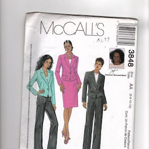 May include: A McCall's 3848 sewing pattern envelope featuring illustrations of three suit variations: a light blue blazer with black trousers, a pink blazer with a matching skirt, and a dark pinstriped blazer with matching trousers, size AA (6-8-10-12).