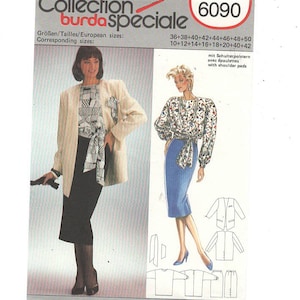 May include: A sewing pattern for a women's blouse and skirt with shoulder pads. The pattern is from Burda Speciale Collection and the pattern number is 6090. The pattern includes sizes 36-50 and 10-42.