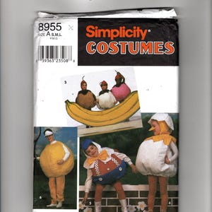 May include: Simplicity Costumes sewing pattern 8955, size A S,M,L. The package features illustrations of various food-themed costumes including a banana, a lemon, a character with a round body, and an egg, along with a barcode and text.