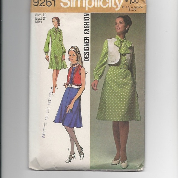 Vintage Sewing Pattern Simplicity 9261 for Dress and Bolero, Sz 12, 1970s