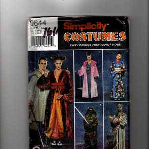 May include: A Simplicity Costumes sewing pattern envelope for an easy design your own robe. The front displays various robe styles in red, pink, blue, and striped fabrics, with text including 0644, Simplicity, COSTUMES, and EASY DESIGN YOUR OWN ROBE.