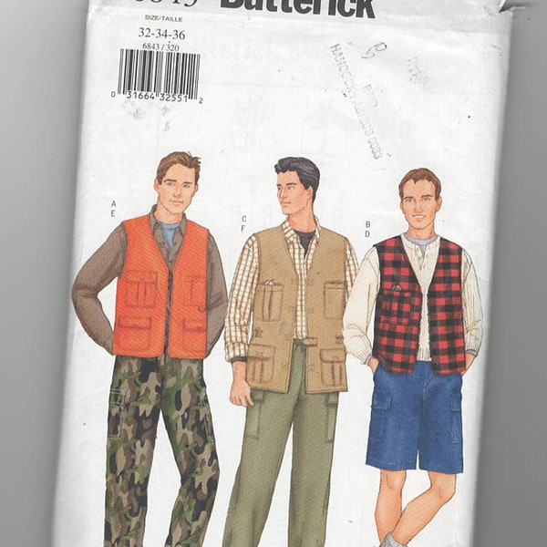 Sewing Pattern Butterick 6843 for Cargo Pants, Shorts and Vests, Sz 34, Sportswear, Hunting Wear, Fishing Wear